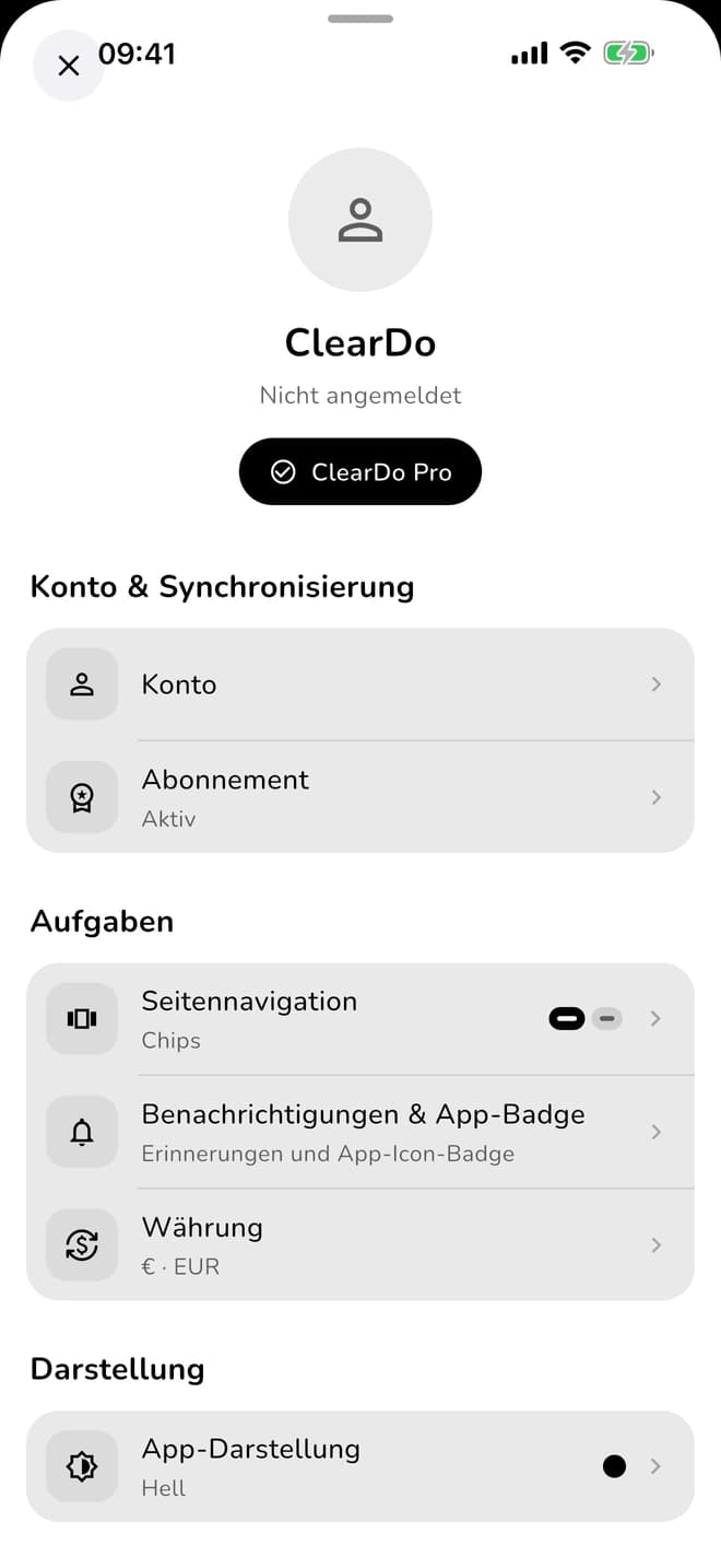 ClearDo Einstellungen für Konto und optionale Synchronisierung