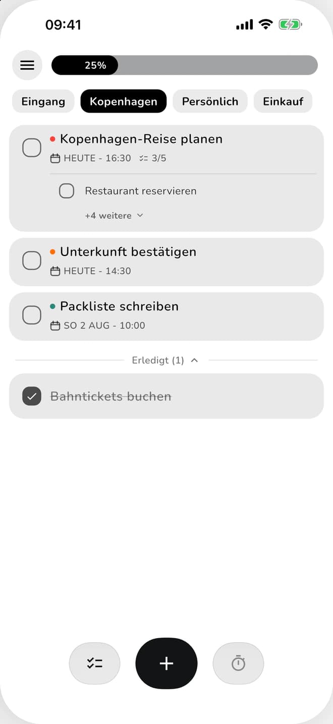 ClearDo Übersicht mit heutigen Aufgaben und Listen