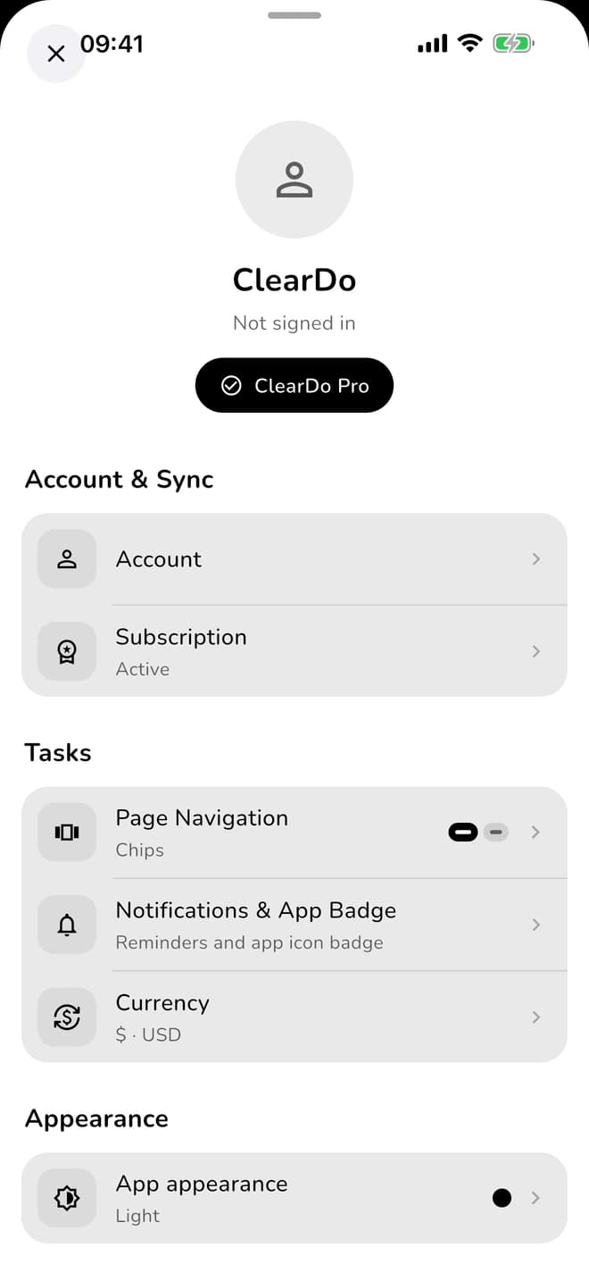 ClearDo account and optional sync settings
