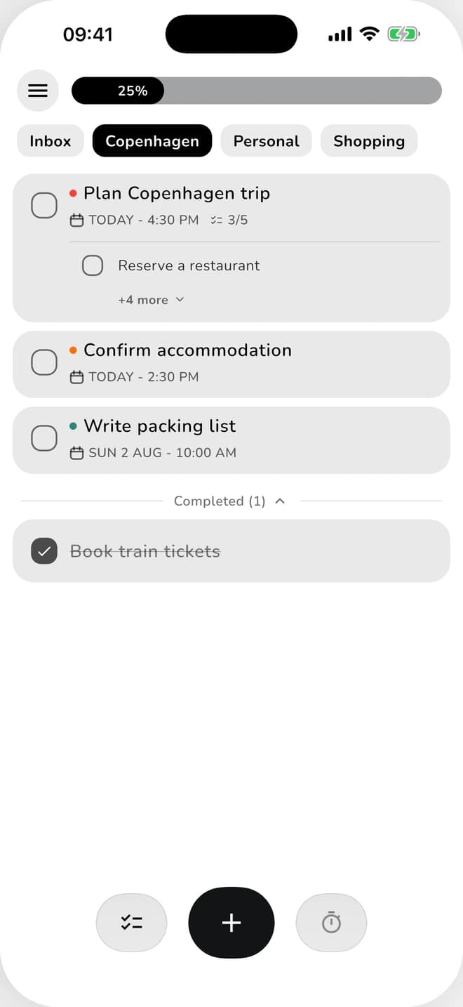ClearDo overview with today's tasks and lists