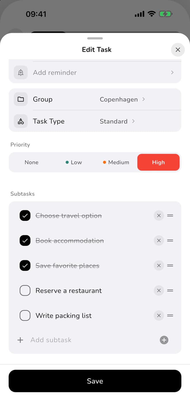 A ClearDo task divided into smaller subtasks