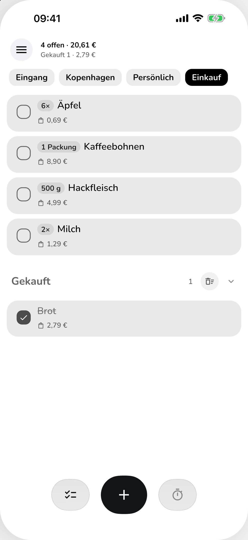 ClearDo Einkaufsliste mit Äpfeln, Kaffeebohnen und Milch sowie Mengen und Preisen