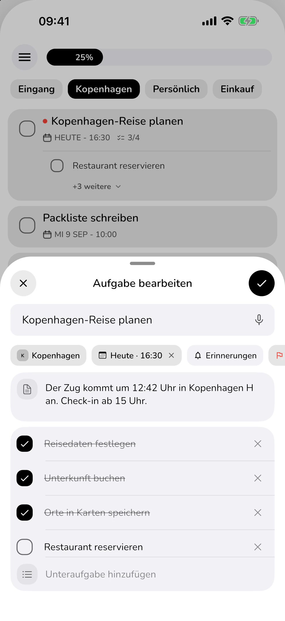 Unteraufgaben für eine Kopenhagen-Reise: Reisedaten, Unterkunft, Orte und Restaurant