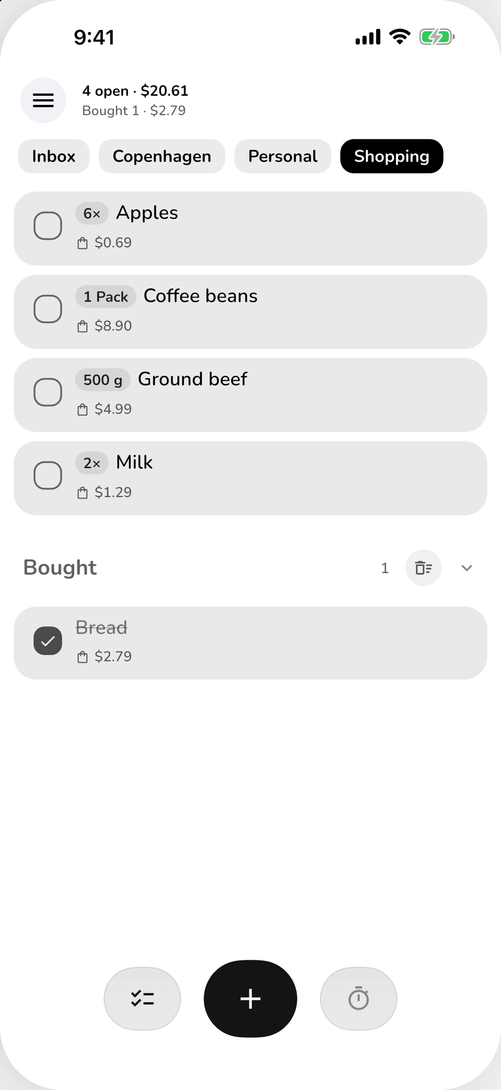 ClearDo shopping list with apples, coffee beans and milk, quantities and prices