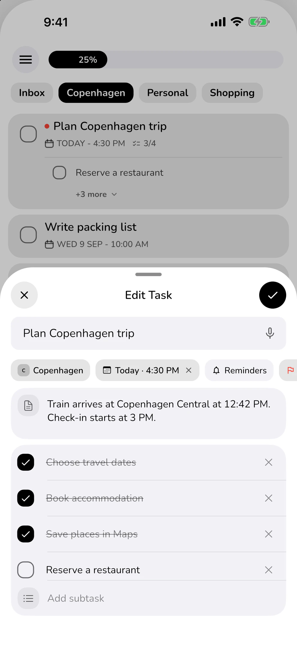 Copenhagen trip subtasks: travel dates, accommodation, places and restaurant